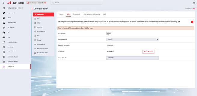 Sección de ajustes WPS dentro del menú de configuración inalámbrica del router ASUS GT-BN98.