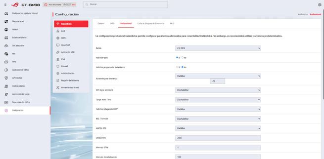 Panel de configuración avanzada del firmware para el router ASUS GT-BN98.