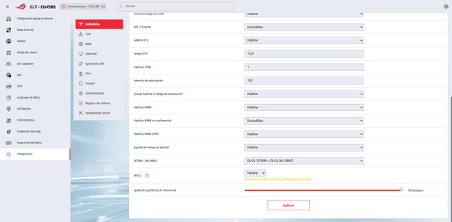 Menú de administración del router ASUS GT-BN98 con opciones de configuración de red.