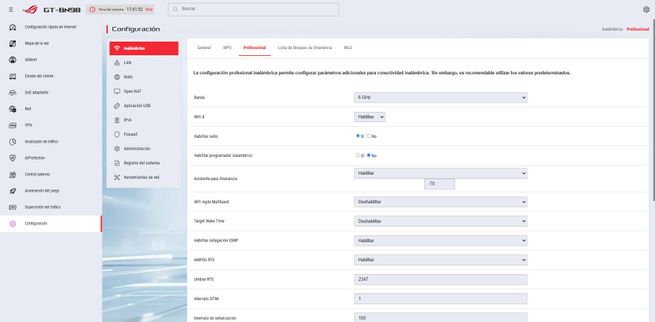 Interfaz de configuración inalámbrica avanzada en el firmware ASUS GT-BN98.