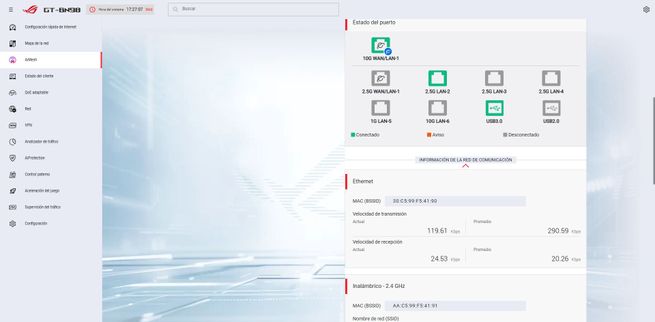 Interfaz del firmware ASUS GT-BN98 mostrando el estado de los puertos Ethernet y estadísticas de tráfico de clientes.