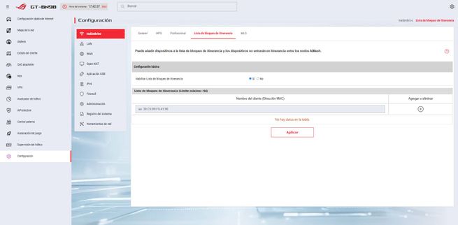 Interfaz de configuración del firmware ASUS GT-BN98 mostrando el menú de administración y actualización del sistema.