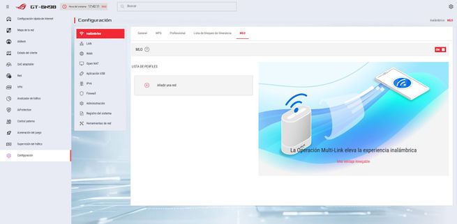 Sección de configuración de la red inalámbrica en el panel ASUSWRT del router GT-BN98.
