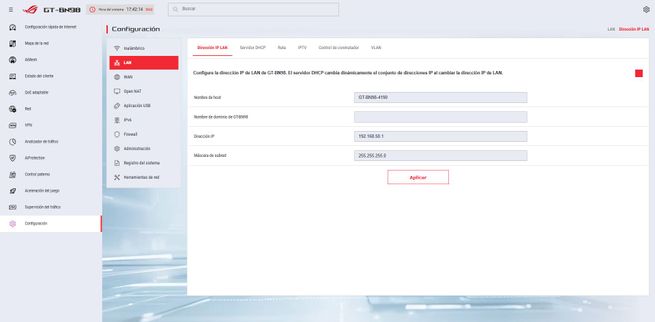 Interfaz de configuración LAN en el firmware ASUS GT-BN98 con opciones de dirección IP y máscara de subred.