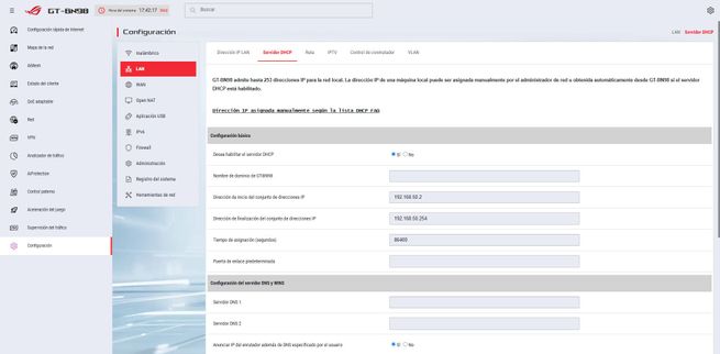 Panel de administración del router ASUS GT-BN98 mostrando los ajustes de configuración del servidor DHCP.