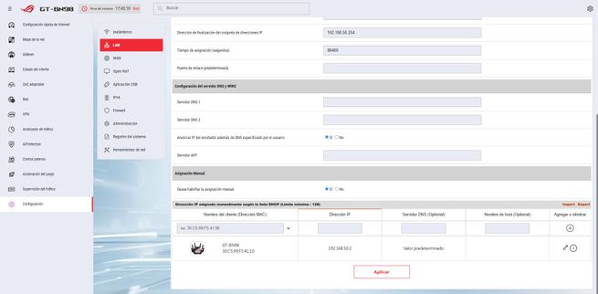 Sección de configuración de la ruta estática y asignación manual de IP en el firmware de ASUS.