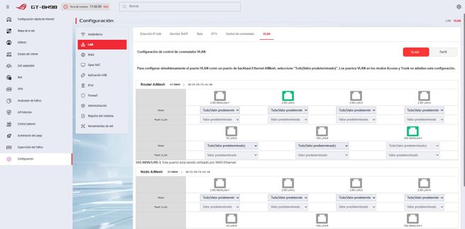 Panel de configuración de puertos VLAN en la interfaz del firmware de un router ASUS ROG.