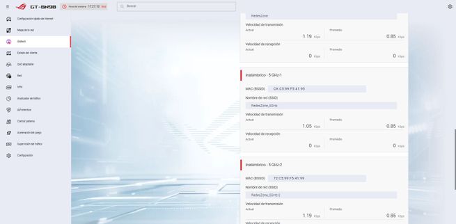 Menú de estadísticas de rendimiento de red en la interfaz del firmware ASUS GT-BN98.