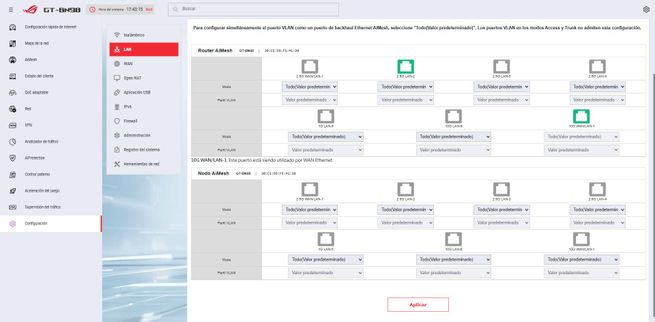Opciones de configuración de red VLAN en la interfaz de usuario del router ASUS GT-BN98.