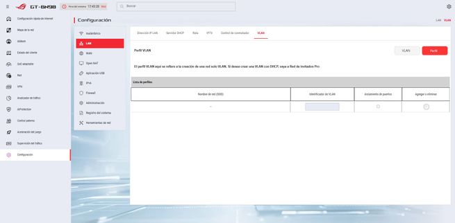 Menú de configuración de VLAN en la interfaz de gestión avanzada del router ASUS GT-BN98.