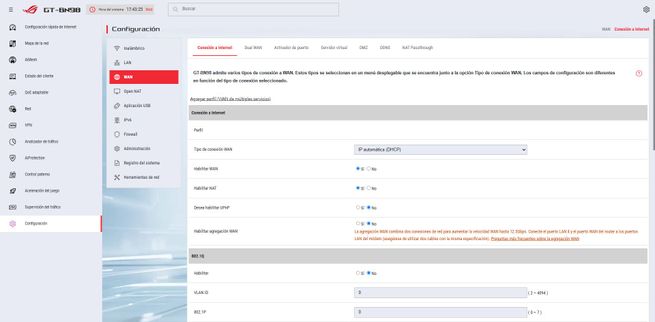 Panel de configuración avanzada de red WAN en el firmware ASUS ROG del router GT-BN98.