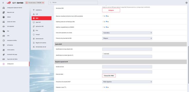Sección de configuración de la red local (LAN) en el firmware del router ASUS GT-BN98.