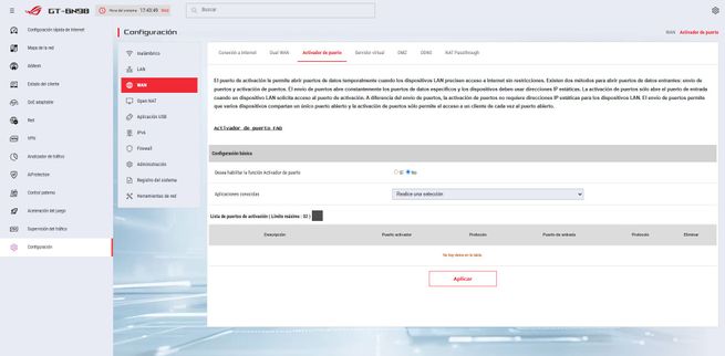 Ajustes de Servidor Virtual y Port Forwarding en el firmware ASUS ROG del router GT-BN98.
