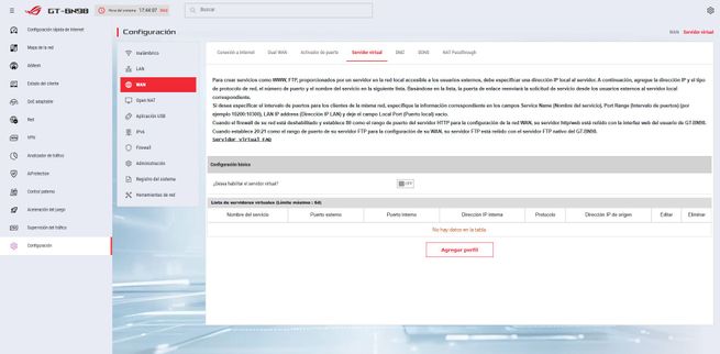 Interfaz de configuración de la función Activación por LAN (WOL) en el firmware ASUS ROG del router GT-BN98.