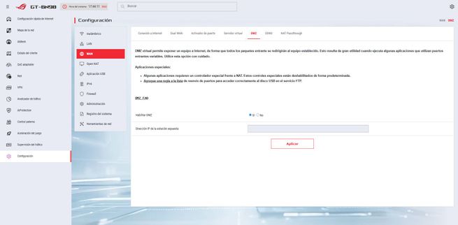 Panel de configuración DMZ en la interfaz web del router ASUS GT-BN98.