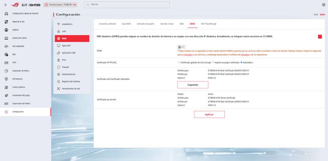Menú de configuración DDNS en la interfaz de gestión del router ASUS GT-BN98.