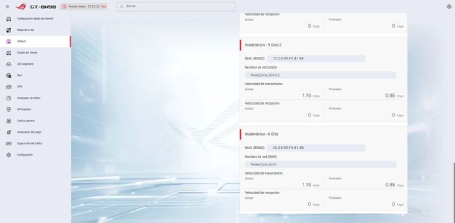 Menú de configuración WAN en el firmware ASUS GT-BN98 con detalles de conexión a Internet.