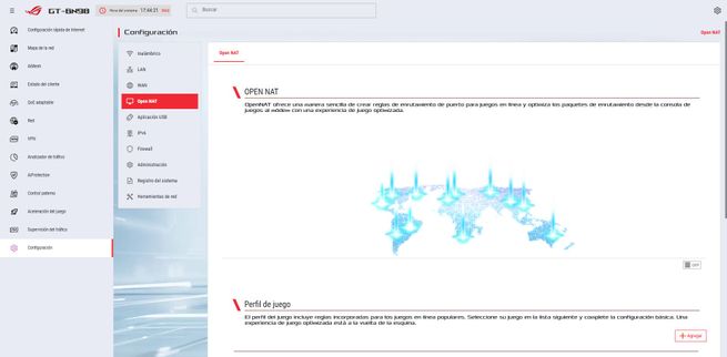 Panel de configuración Open NAT y Perfil de juego en la interfaz de firmware del router ASUS GT-BN98.