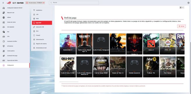 Listado de títulos compatibles en la sección Perfil de juego dentro del software de gestión del ASUS GT-BN98.