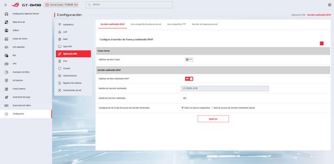 Panel de administración del firmware ASUS GT-BN98 mostrando el menú de configuración de red.