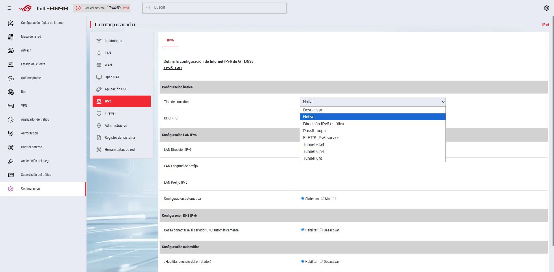 Interfaz de administración del router ASUS GT-BN98 mostrando el menú desplegable de selección de región en los ajustes inalámbricos.