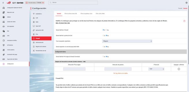 Panel de configuración del firmware ASUSWRT en un router ROG Rapture GT-BN98 con opciones de red avanzadas.