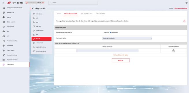 Menú de configuración de cortafuegos en el firmware del router ASUS GT-BN98 con opciones de filtrado de direcciones URL.