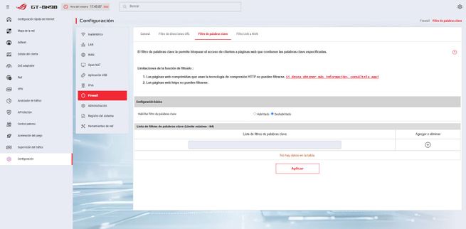 Sección de filtro de palabras clave en el firmware ASUS de un router ROG Rapture GT-BN98.