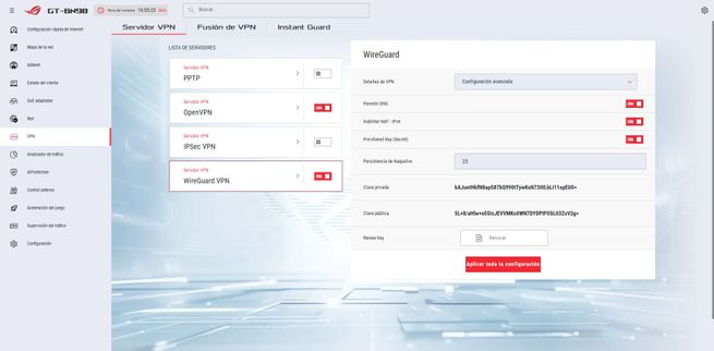 Interfaz de configuración avanzada de WireGuard en el firmware del router ASUS GT-BN98.