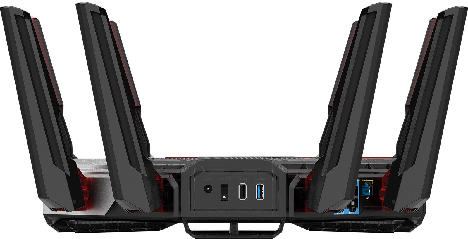 Panel posterior del router ASUS ROG Rapture GT-BN98 mostrando puertos USB y alimentación entre sus antenas.