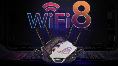 Router ASUS ROG Rapture GT-BN98 con múltiples antenas externas y el logotipo de Republic of Gamers frente a un rótulo de WiFi 8.