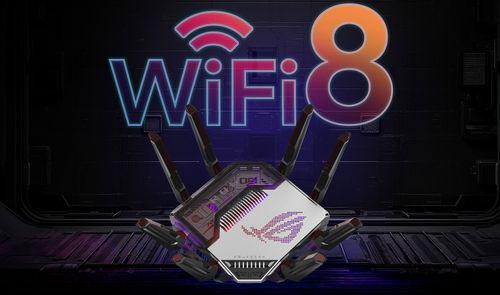 Router ASUS ROG Rapture GT-BN98 con múltiples antenas externas y el logotipo de Republic of Gamers frente a un rótulo de WiFi 8.