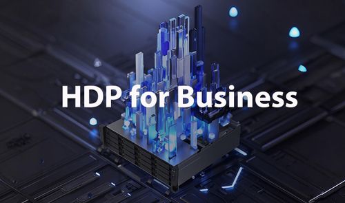 Ilustración conceptual de una estructura de cristal azul iluminada sobre una placa base con el texto HDP for Business.