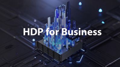 Ilustración conceptual de una estructura de cristal azul iluminada sobre una placa base con el texto HDP for Business.