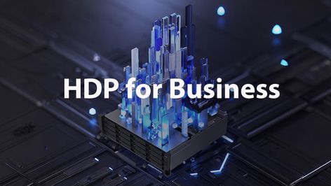 Ilustración conceptual de una estructura de cristal azul iluminada sobre una placa base con el texto HDP for Business.