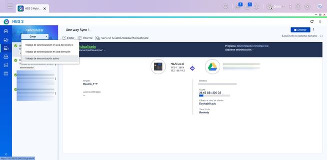 Interfaz de configuración de tareas en la aplicación HBS3 mostrando opciones de sincronización unidireccional.