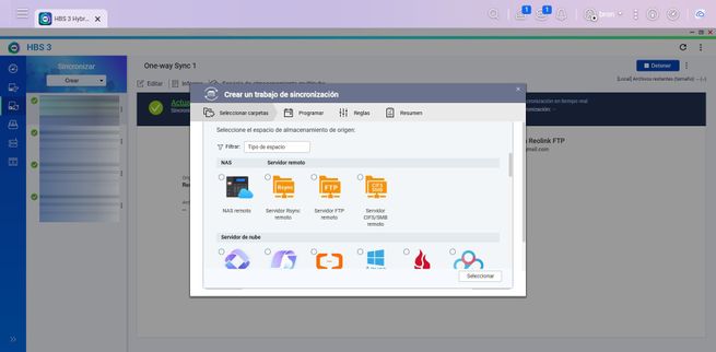 Menú de selección de origen de datos en HBS3 con iconos de carpetas locales y servicios en la nube.
