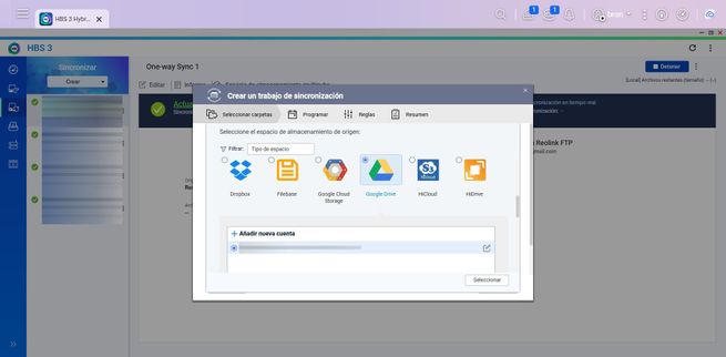 Pantalla de selección de servicios en la nube en HBS3 con Google Drive seleccionado para configurar una tarea.
