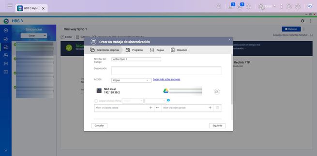 Ventana de configuración para crear un trabajo de sincronización en HBS3 con campos de nombre y descripción.
