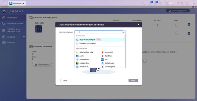 Menú desplegable del Asistente de montaje de unidades en la nube en la interfaz de QNAP HybridMount.