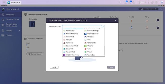 Desplegable abierto con opciones de proveedores de almacenamiento en el Asistente de montaje de unidades en la nube de QNAP HybridMount.