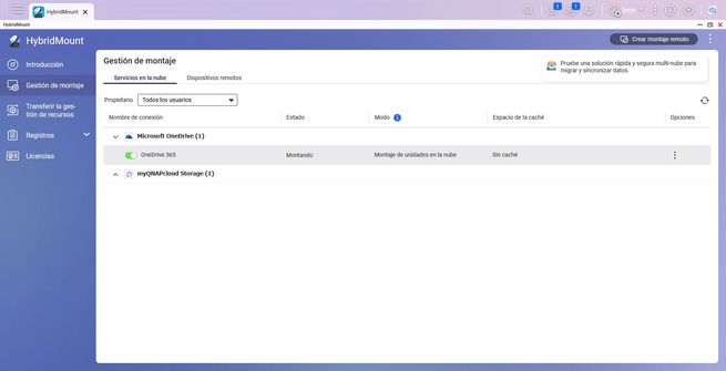 Sección de Gestión de montaje en la interfaz de QNAP HybridMount mostrando una conexión de OneDrive activa.