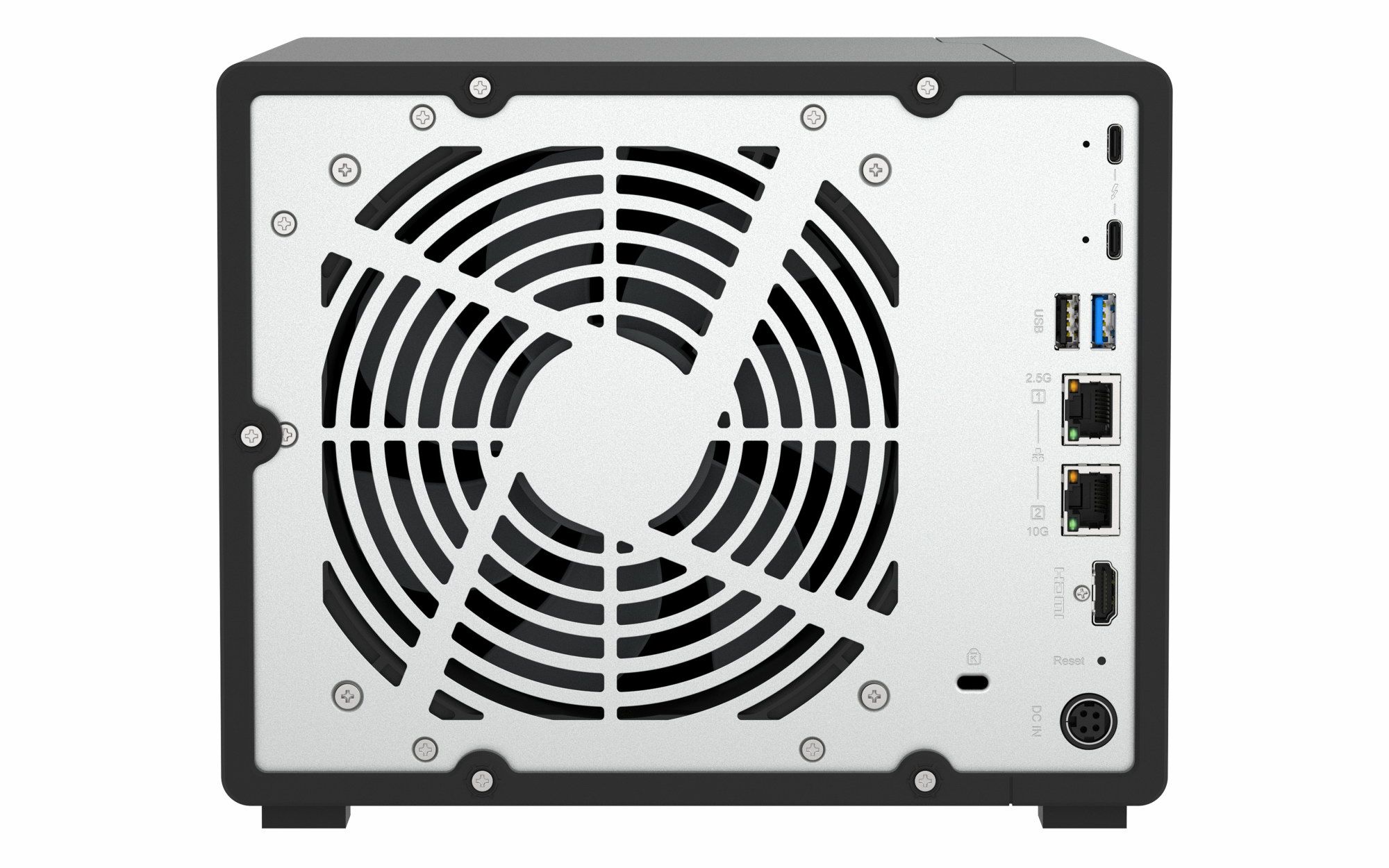Panel posterior de un servidor NAS QNAP TS-h966TX con ventilador central y puertos de conexión.