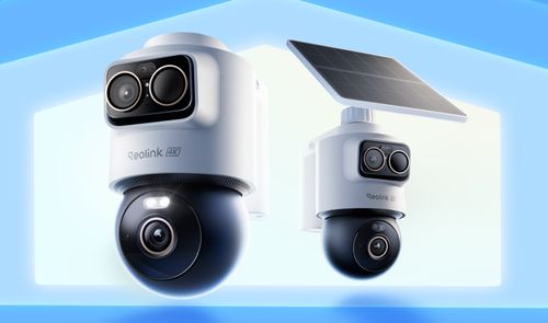 Cámara de seguridad Reolink OMVI 2i Ultra con triple lente y panel solar sobre un fondo azul con silueta de hogar.