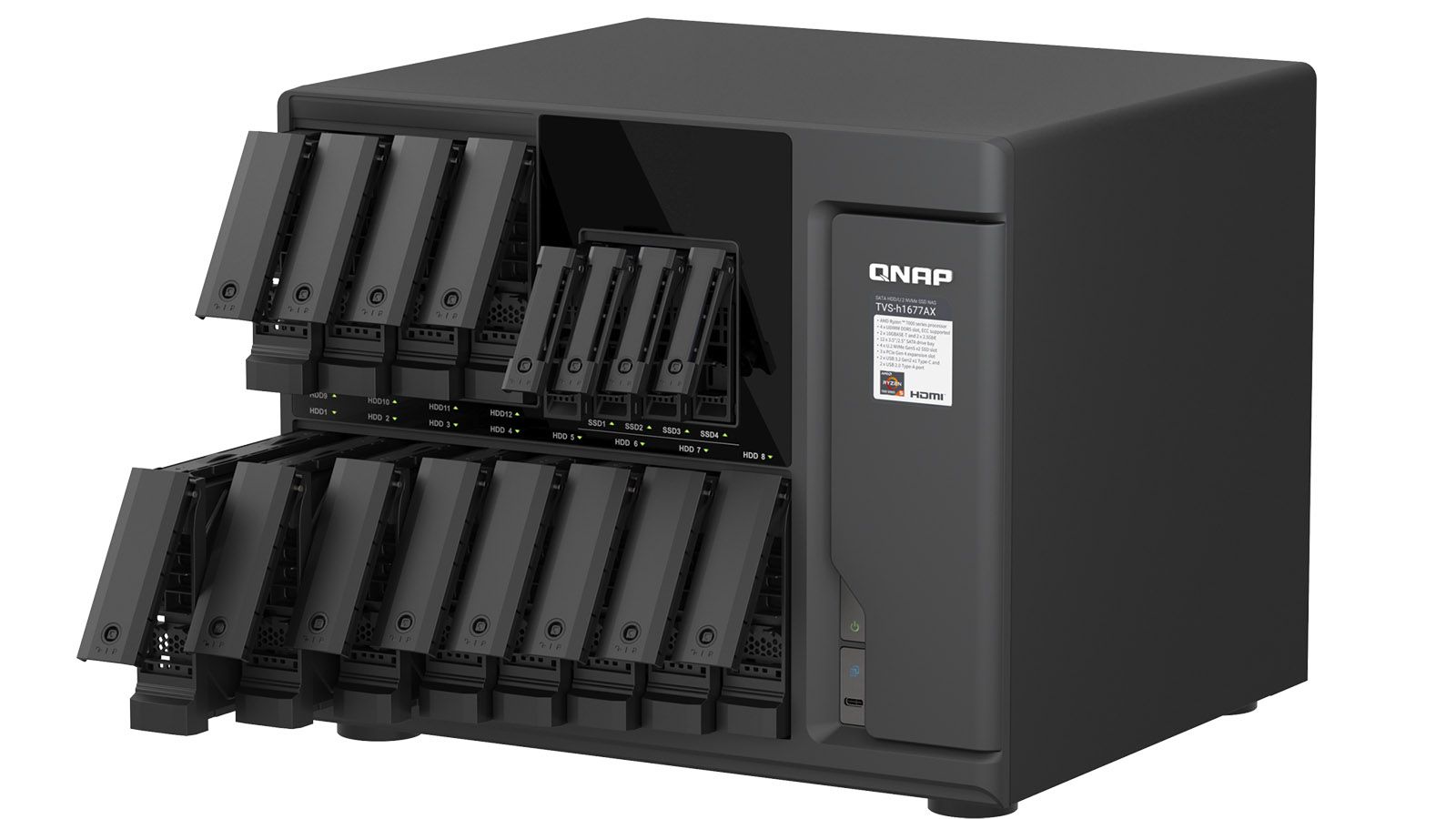 Servidor NAS QNAP TVS-h1677AX con todas sus bahías frontales abiertas sobre fondo blanco.