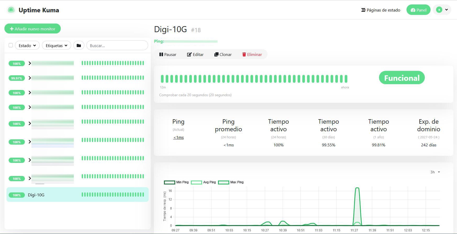 Captura de pantalla del panel de Uptime Kuma con las estadísticas y gráficas de monitorización de la conexión Digi-10G.