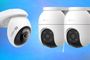 Tres cámaras de seguridad de color blanco para exterior, una de la marca Tapo y dos de EZVIZ, sobre un fondo azul difuminado.