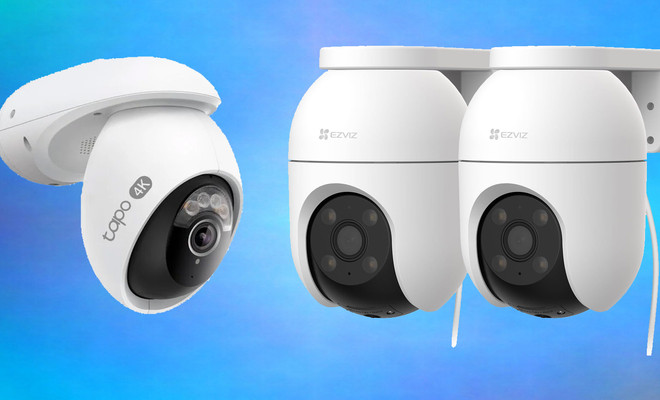 Tres cámaras de seguridad de color blanco para exterior, una de la marca Tapo y dos de EZVIZ, sobre un fondo azul difuminado.