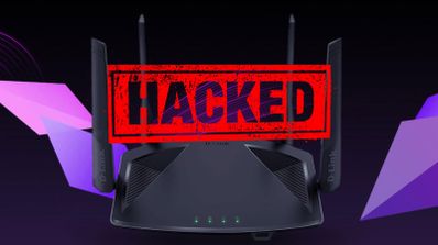 Router D-Link DIR-X1860 con un sello rojo superpuesto que indica el texto Hacked sobre un fondo oscuro con elementos geométricos.
