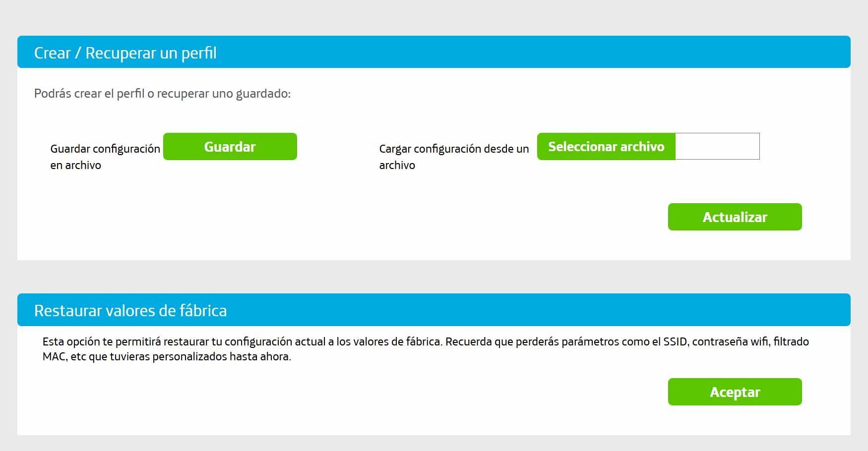 Panel de administración de un router con opciones para guardar, cargar y restaurar la configuración.